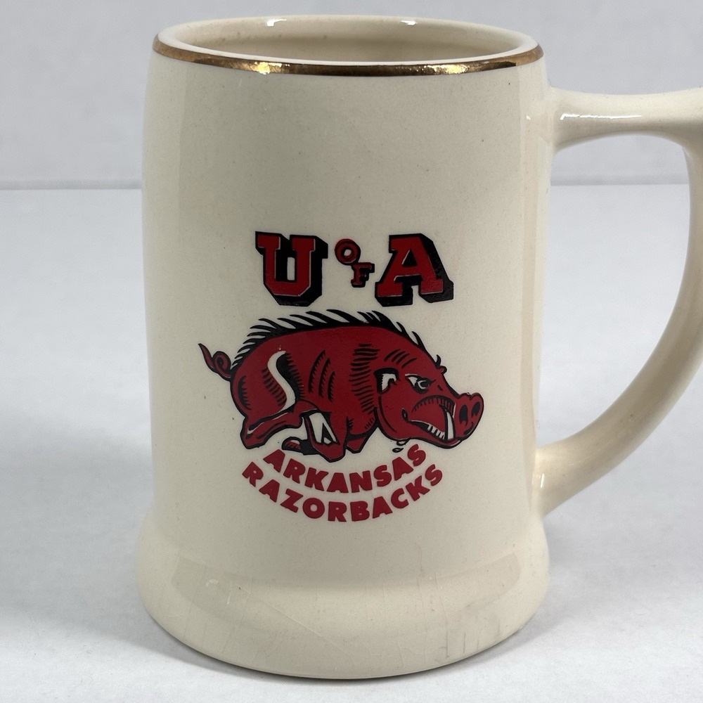 VTG Arkansas‎ Razorbacks Hogs UA Coffee Mug Stein Ceramic USA 701 DEADSTOCK